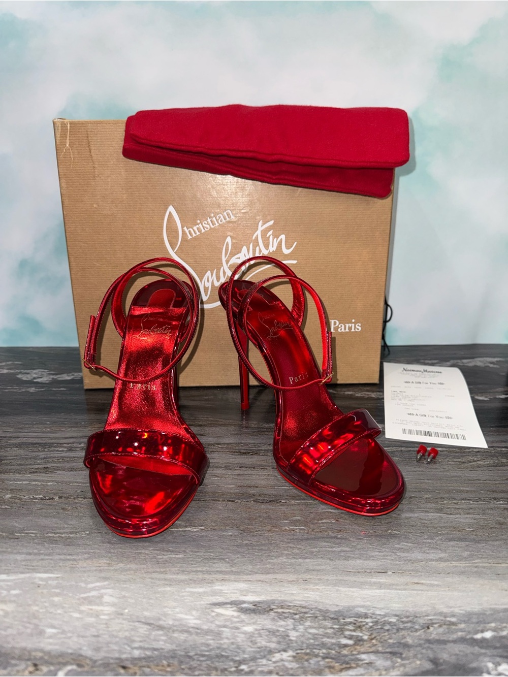 Christian Louboutin Loubi Queen 120 Red Metallic Patent Leather Heels - Size 38